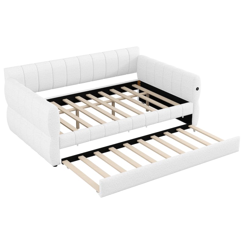 Modern Fabric Upholstered Daybed Queen Size Sofa Bed Frame with Backrest and Armrests, USB Charging Ports, No Box Spring Needed