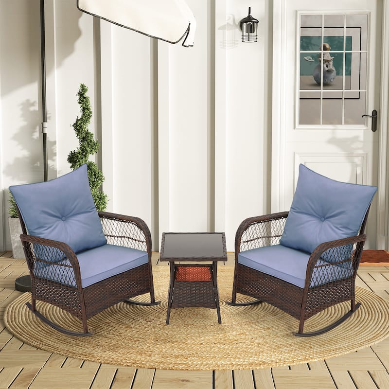 3-Piece Outdoor Rocking/Swivel Chair Set - PE Rattan Patio Furniture with Cushions & Coffee Table, Rocker Chairs for Backyard