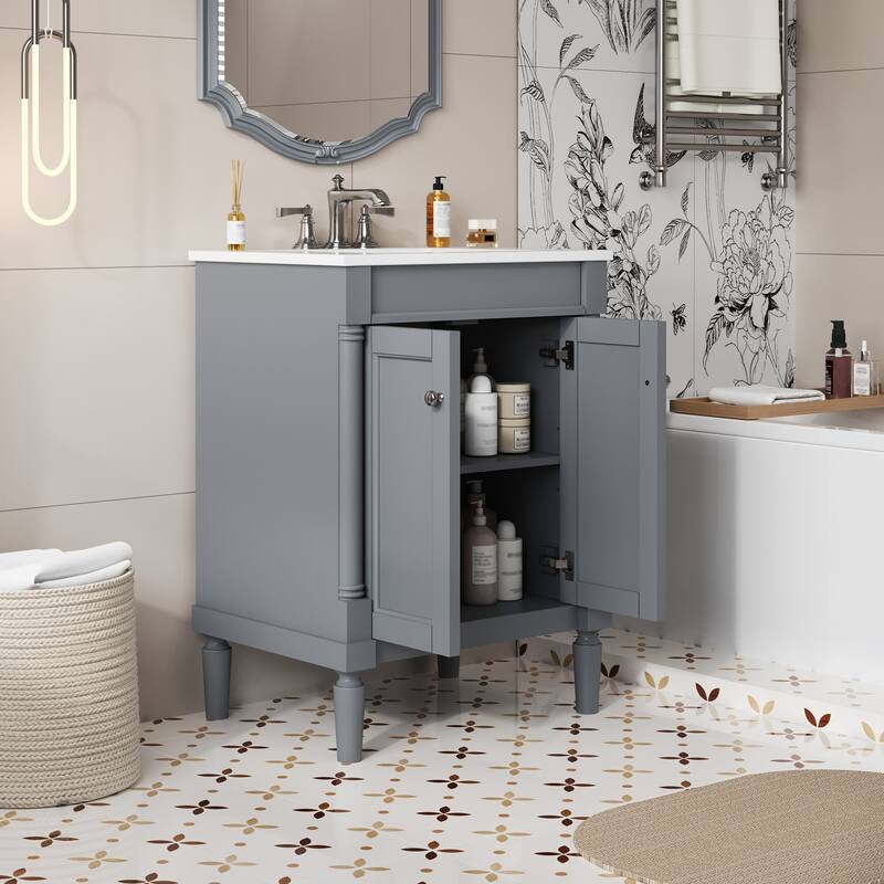Bathroom Vanity with Sink, Wood Bathroom Storage Cabinet, Small Bathroom Vanity with 2 Soft Closing Doors & Storage Shelves聽