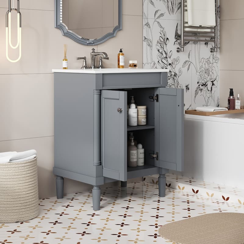 Roomfitters 24 Inch Bathroom Vanity with Sink, Freestanding Single Sink Cabinet with Ceramic Basin and Storage Shelves, Grey