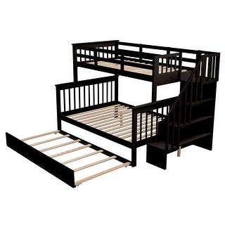 Twin Over Full Wood Bunk Bed with Twin Size Trundle,Storage Staircase and Guardrail