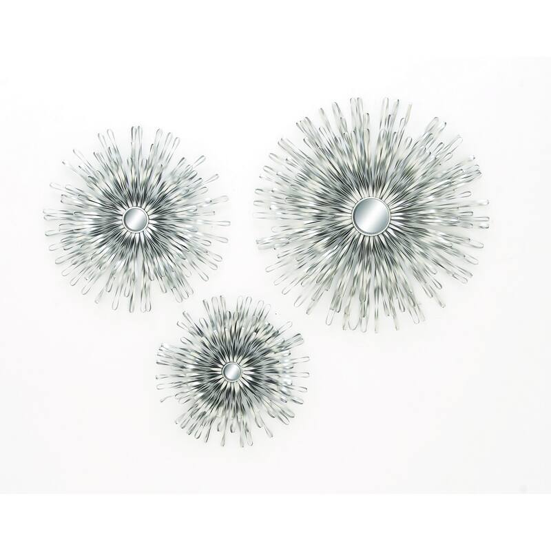 Metal 3D Looped Sunburst Wall Decor with Mirrored Center (Set of 3) - Silver or Gold