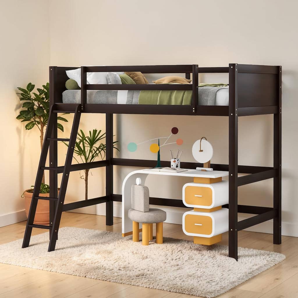 Twin Solid Wood Loft Bed with Ladder and Guardrails, Space Saving Loft Bed Frame with Wood Slat Support