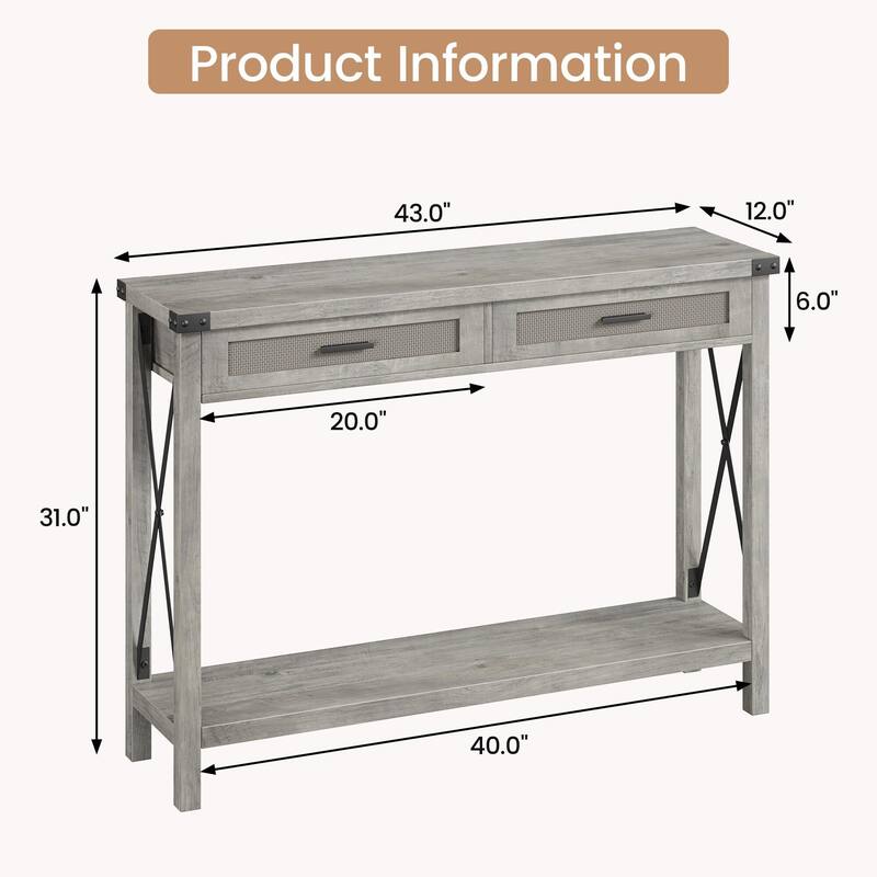Console Table with Rattan Drawers, Farmhouse Sofa Table