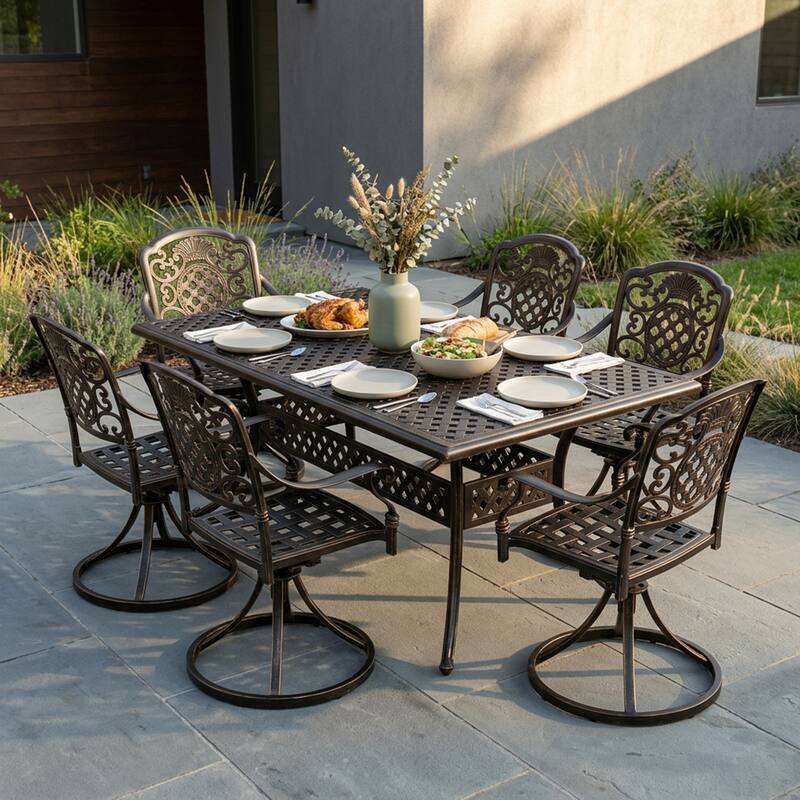 Christopher Knight Home - Austin 7-Piece Outdoor Cast Aluminum Dining Set with Rectangular Table and Swivel Chairs - Hammered Bronze