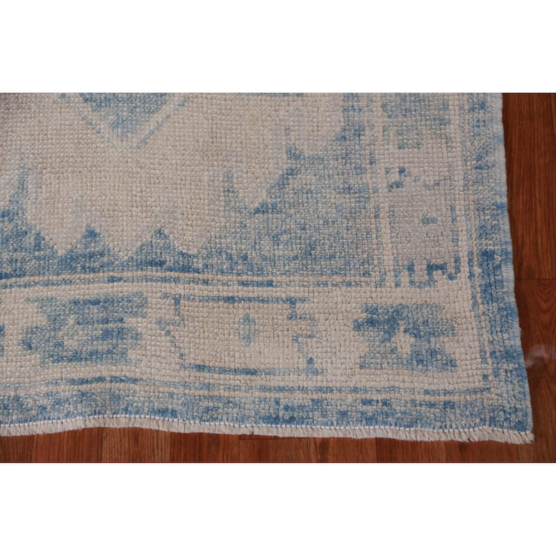 Hand Knotted Oriental 100% Wool Carpet Transitional Geometric Navy Blue & Blues Oushak Runner Rug - 17' 2'' X 3' 4''