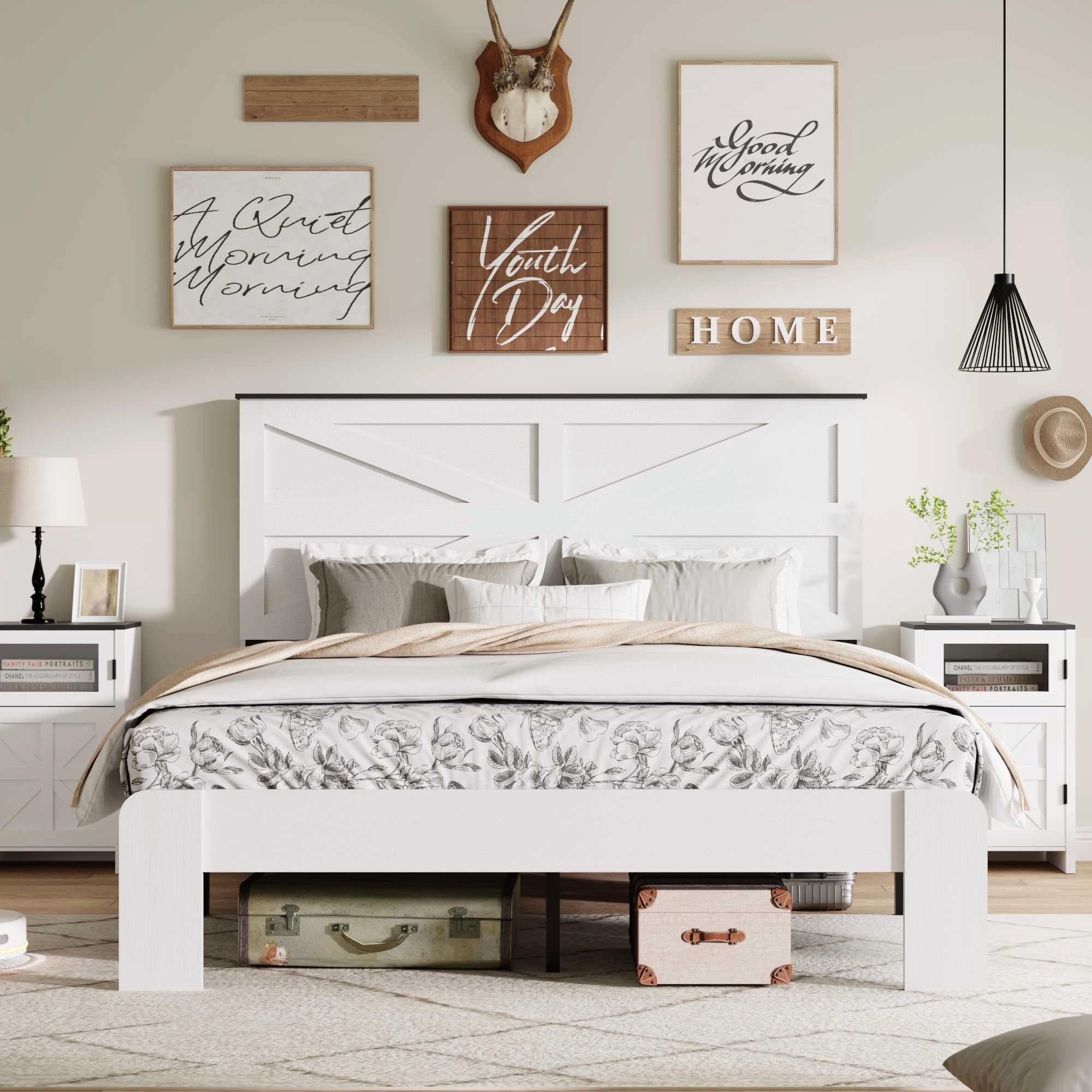 Wood Platform Bed Frame with Headboard, Noise-Free
