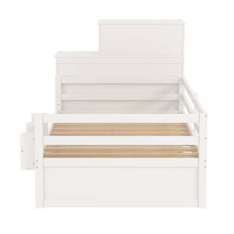 Twin Size Platform Bed with Bookshelf, Movable Wardrobe, Storage Cabinet, Drawer and Pull-out Trundle Bed, Wood Daybed Frame