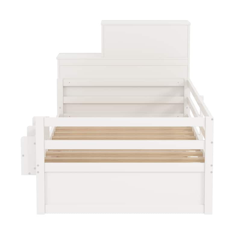 Twin Size Wood Platform Bed with Sample Bookshelf and Movable Wardrobe, Multifunctional Bed with Built-in Trundle Bed, White