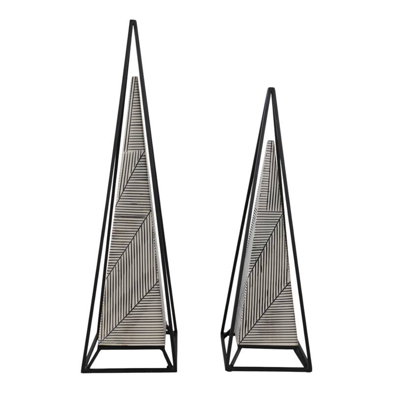 Iron Wood Pyramid Sculpture Geometric Design (Set of 2) - 26/21" Multi - 7" x 7" x 26"