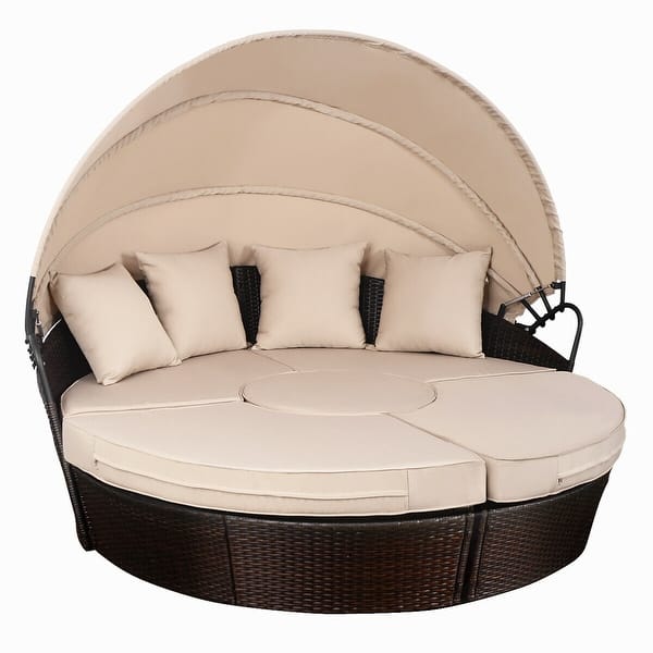 Shop Costway Outdoor Mix Brown Rattan Patio Sofa Furniture Round Retractable Canopy Daybed Overstock 15954913