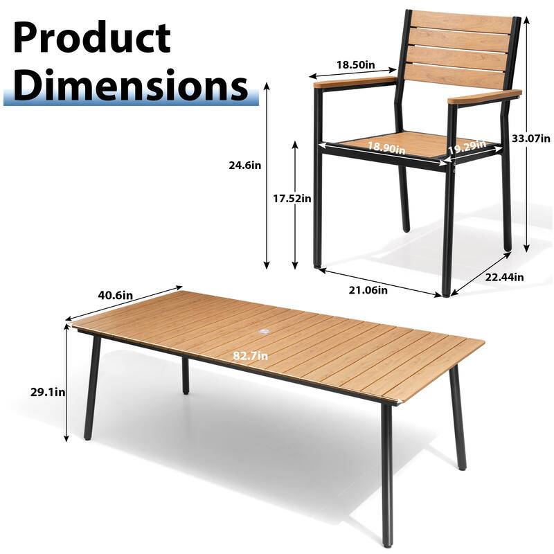 7/9-piece Outdoor Aluminum Rectangle Patio Dining Table with Umbrella Hole and Chairs