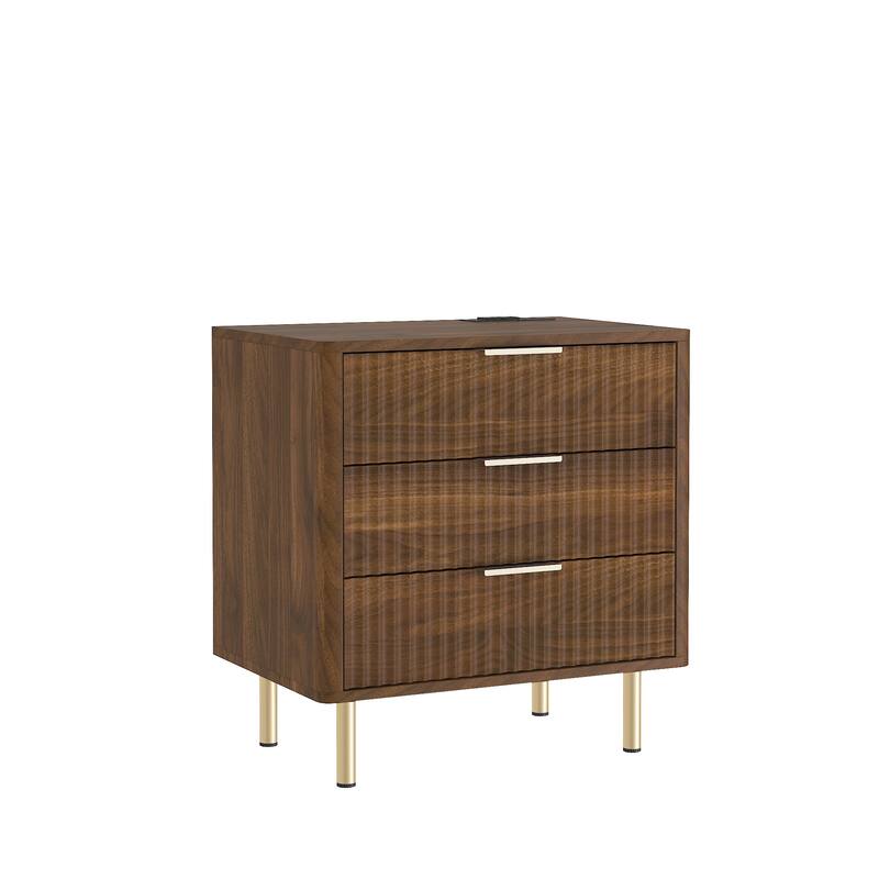 Nightstand with Charging Station & Night Light, Modern Bedside Table with Storage Cabinet