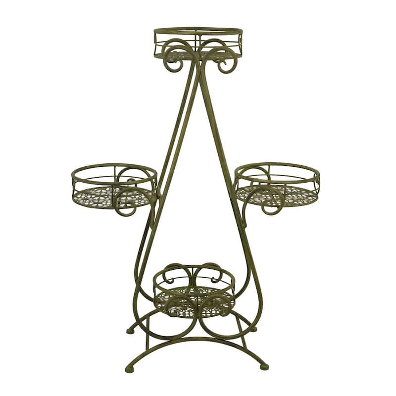 Shin Plant Stand with 4 Pots, Vintage A Frame Dark Green Metal 33 Inch