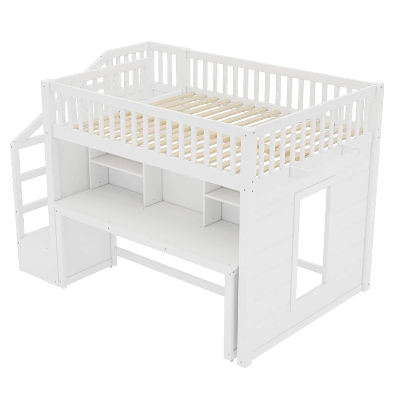 Full Size loft bed with movable desk and storage shelf, featuring storage stairs