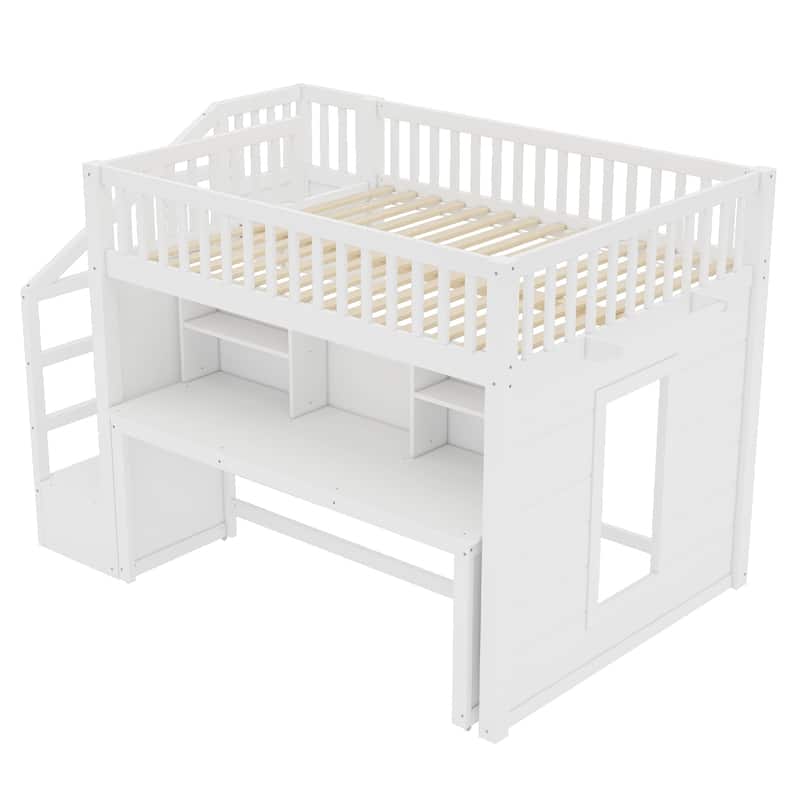 Roomfitters Loft Bed with Movable Desk and Storage Stairs, Solid Wood Workstation