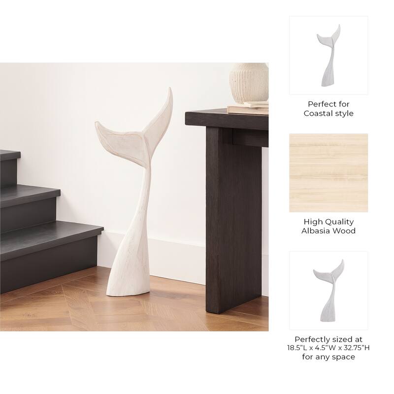 Artistic Wood Whale Tail Figurine Sculpture Home Decor - White