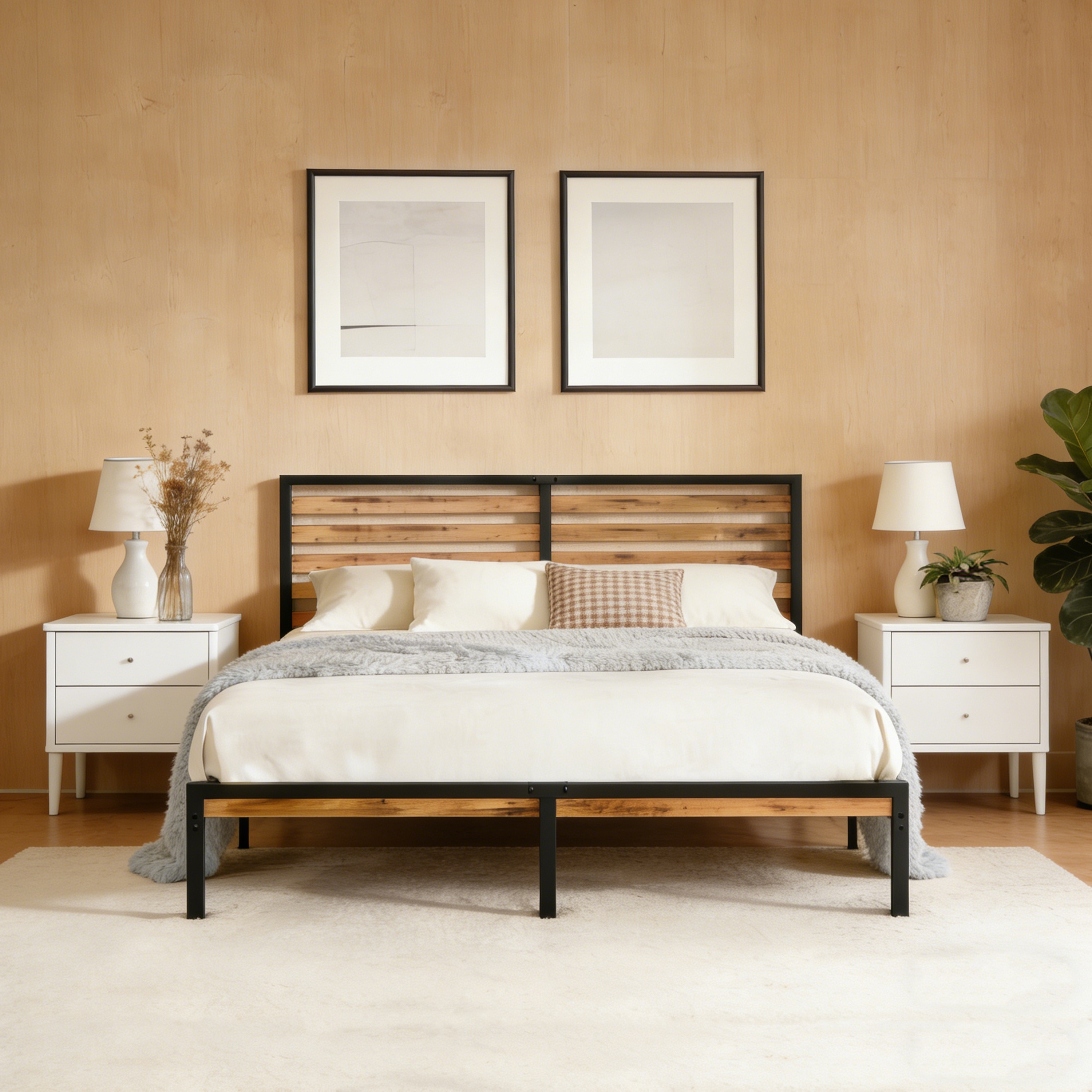 Full Size Platform Bed Frame with Wood Headboard & Slats