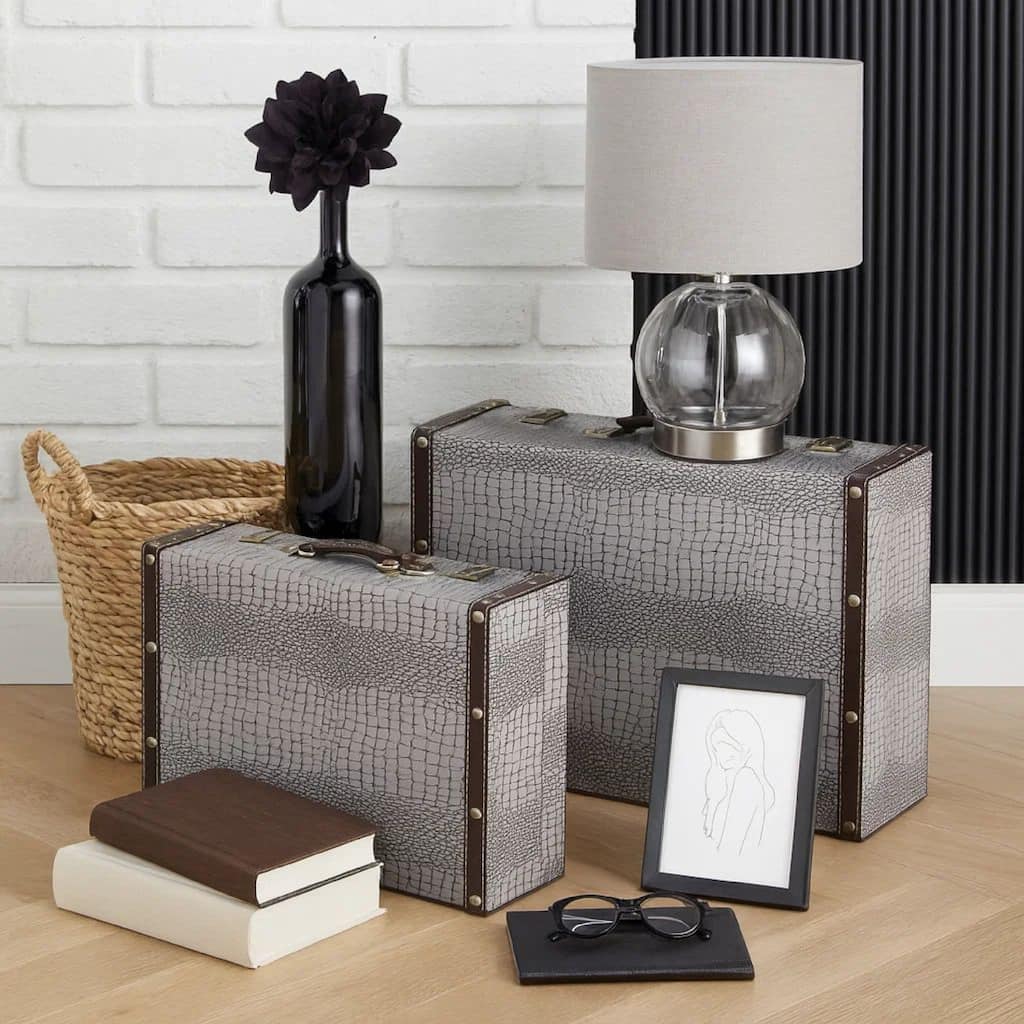 Trunk Style Suitcase with Textured Print Canvas Covering, Gray, Set of 2