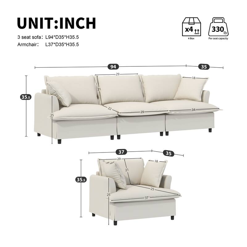 2-Piece Chenille Modular Sofa Set (3+Armchair) with Skirt Edge & Spring Cushions