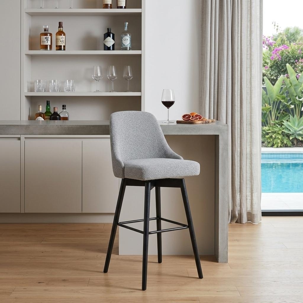 HomeRoots 30" Light Gray and Black Fabric with Solid Wood Swivel Bar Height Bar Chair