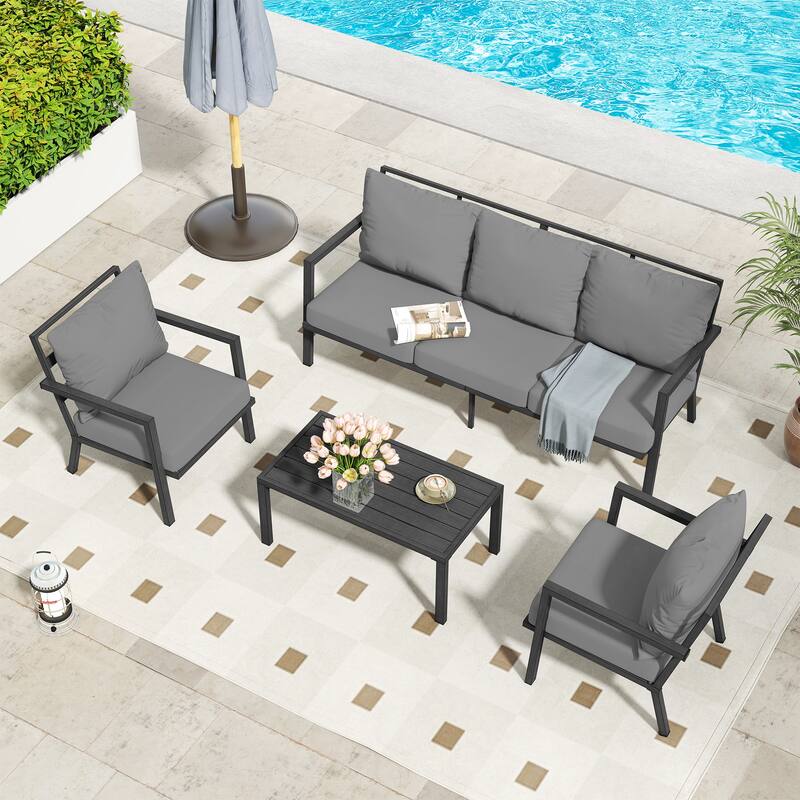 MornLift 4-Piece Aluminum Outdoor Patio Conversation Set with Beige Cushions, Sofa and Coffee Table