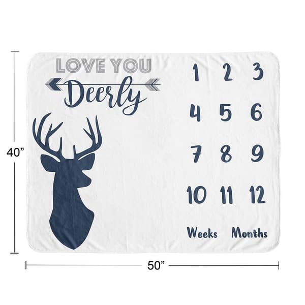 Woodland Deer Collection Boy Baby Monthly Milestone Blanket - Navy Blue and White Stag Forest Animal Love You Deerly