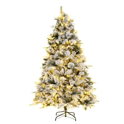 Costway 6/7 FT Pre-Lit Flocked Christmas Tree Hinged Xmas Decoration