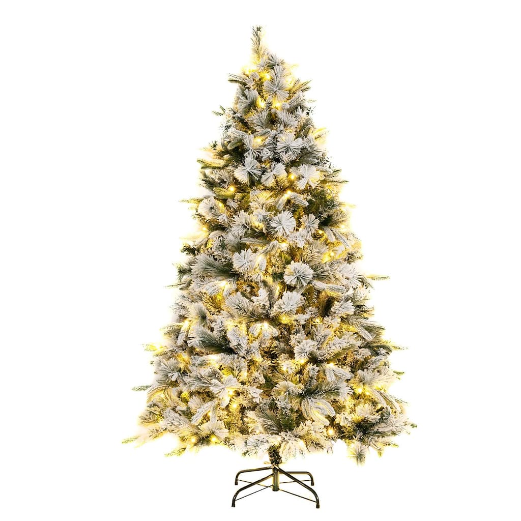 Costway 6/7 FT Pre-Lit Flocked Christmas Tree Hinged Xmas Decoration