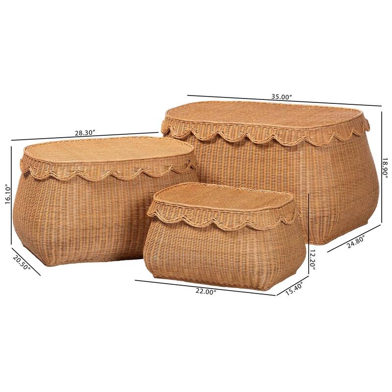 Ayleen Natural Rattan Basket Set with Scalloped Lids - Handwoven Wicker Storage Boxes, Boho Coastal Home Décor, 3-Piece Set