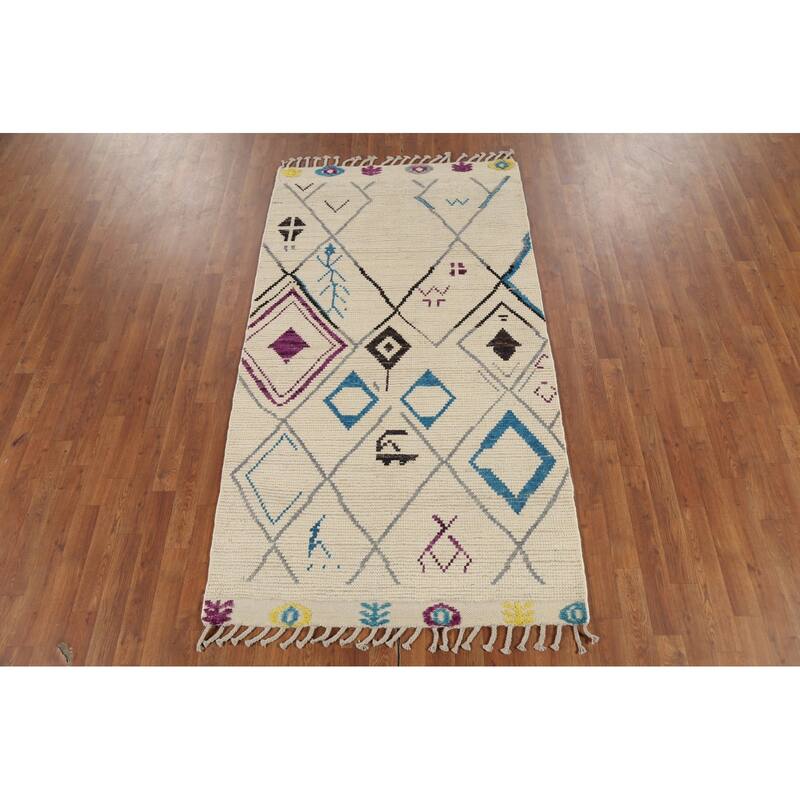 Striped Ivory Moroccan Oriental Area Rug Handmade Wool Carpet - 3'10"x 6'11"