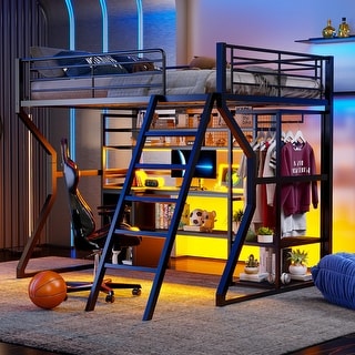 Full Size Metal Gaming Bed with Built-in Desk and LED Light, Storage Loft Bed Frame with Open Wardrobe and Multiple Shelves