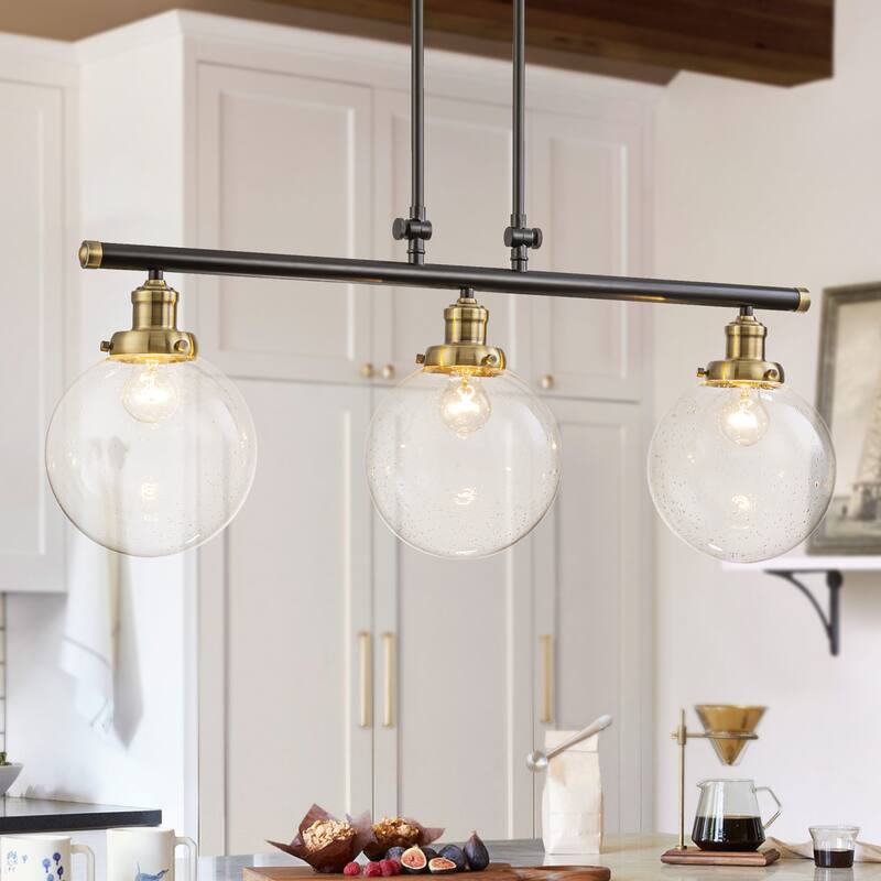 34.5" W 3-Light Industrial Black and Gold Linear Adjustable Island Pendan Light with Clear Seeded Glass Globe for Dining Room - Black/Clear/Gold - 34.5 in. W x 14.1 in. H x 7.9 in. D
