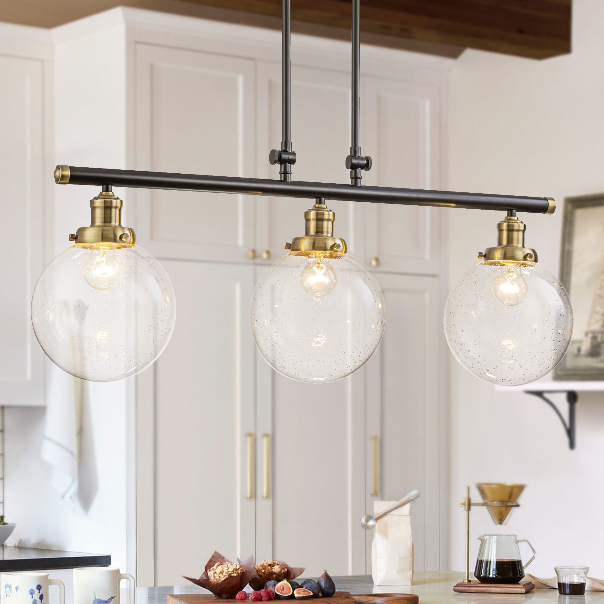 34.5" W 3-Light Industrial Black and Gold Linear Adjustable Island Pendan Light with Clear Seeded Glass Globe for Dining Room