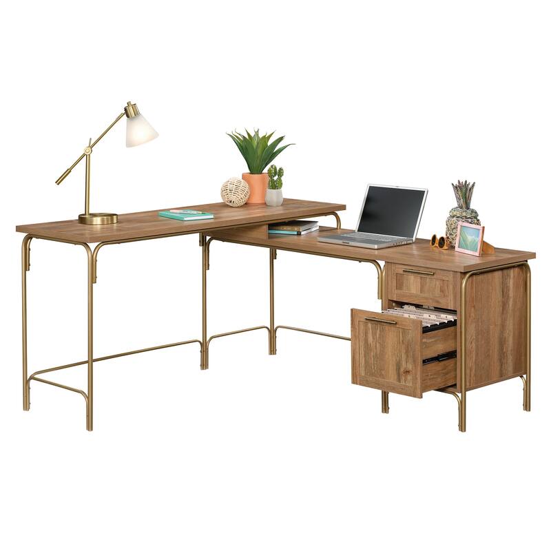 Wood L-Shaped Desk with Coastal-Inspired Design, Brown and Gold