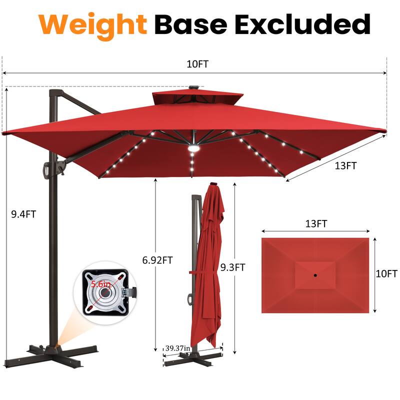 VredHom 10X13 FT Outdoor Cantilever Patio Umbrella Solar LED Light