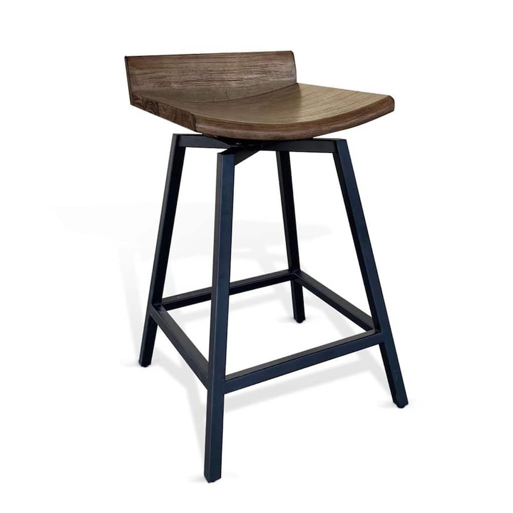 24 Inch Counter Height Swivel Barstool, Mahogany Wood Seat, Black Base