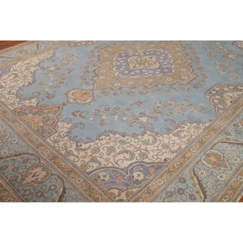 Geometric Tabriz Persian Area Rug Light Blue Handmade Wool Carpet - 9'7"x 12'4"