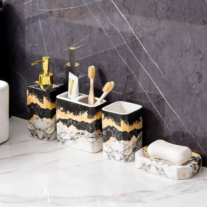 4-Piece Bathroom Accessories Set, Lotion Dispenser, Toothbrush Holder and Soap Dish, Glossy Finish (Black and White)