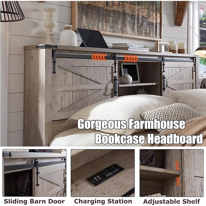 Farmhouse Full Size Bed Frame with Storage Shelves & Charging Station