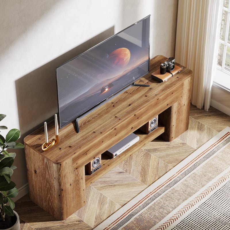 Solid Wood TV Stand for TVs up to 75 Inch, Entertainment Center with Open Storage Shelf, 63" TV Console for Living Room Bedroom