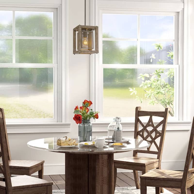 Farmhouse 1-Light Wood Cage Pendant Lights for Kitchen Island - D7.9" x H10.6"