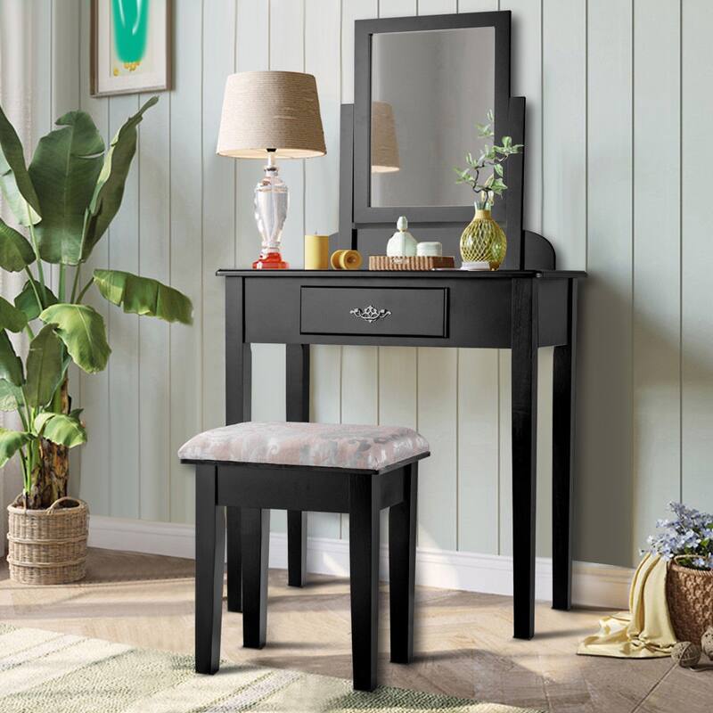 Costway Makeup Desk Vanity Dressing Table Square Stool 1 Large Black - Black