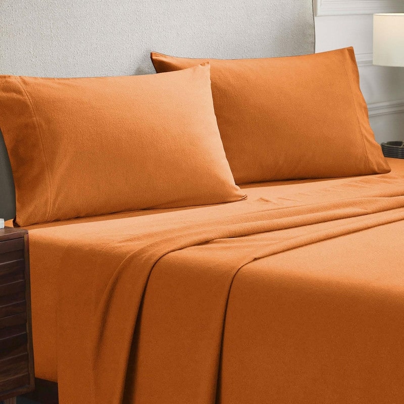 Superior Solid Flannel Cotton Fuzzy Pillowcases, Set of 2 - King - Pumpkin