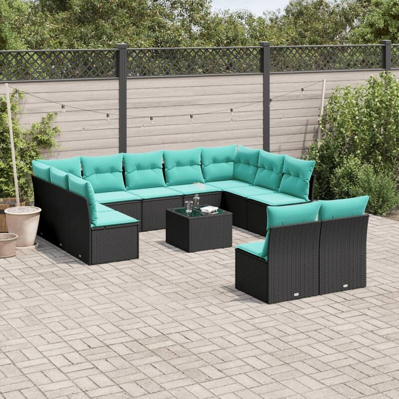 vidaXL 11 Piece Patio Sofa Set with Cushions Black Poly Rattan - Black - 24.4x27.2x24.4-With table