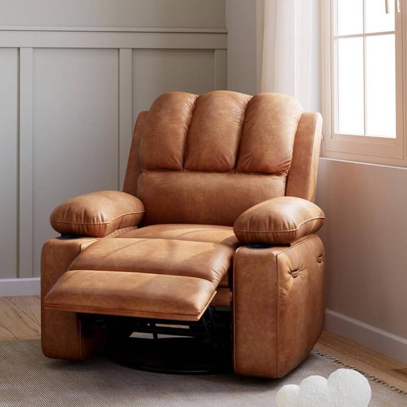 Oversized Manual PU Leather Recliner Sofa Chair with Cup Holders - Brown