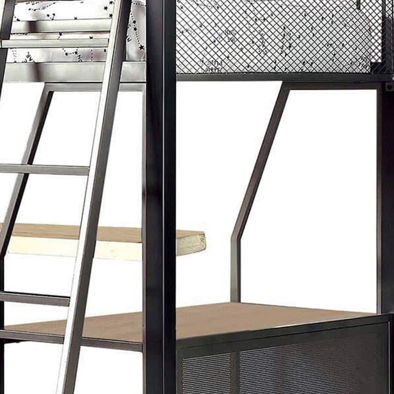 Triple Twin Size Bunk Beds with Desk and Ladders, Silver Metal Frame
