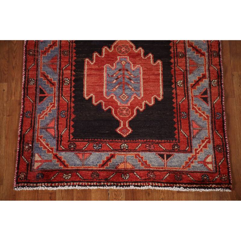 Geometric Hamedan Persian Vintage Runner Rug Hand-Knotted Wool Carpet - 3'5"x 9'9"