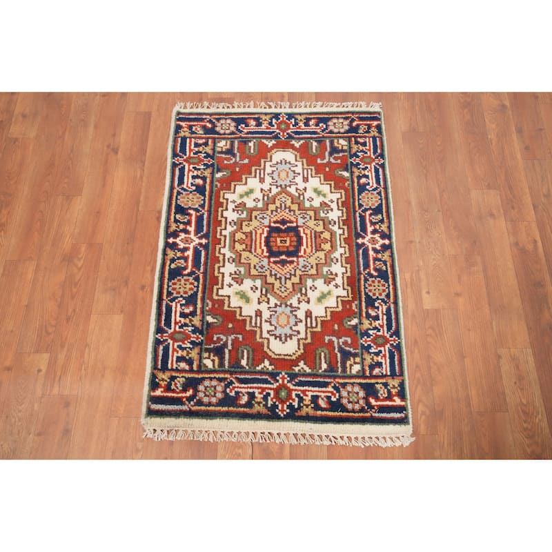 Hand Knotted Oriental 100% Wool Carpet Traditional Medallion Beige & Ivories Heriz (serapi) Area Rug - 3' 0'' X 2' 0''