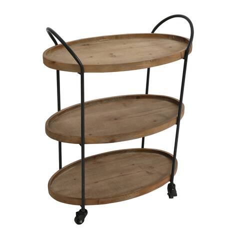 23 Inch Wood Bar Cart with 3 Tier Storage Trays and Metal Frame, Brown